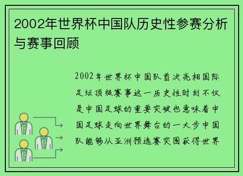 2002年世界杯中国队历史性参赛分析与赛事回顾
